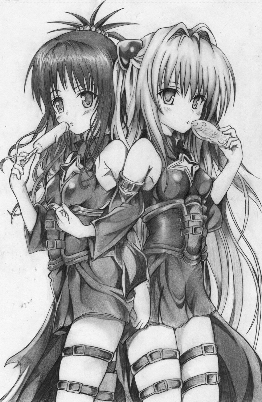 2girls, absurdres, blush, cosplay, eating, food, greyscale, highres, konjiki_no_yami, konjiki_no_yami_(cosplay), long_hair, monochrome, multiple_girls, rinsu, taiyaki, to_love-ru, wagashi, yuuki_mikan
