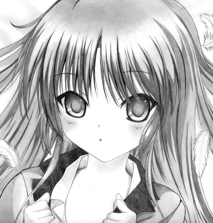 10s, 1girl, absurdres, angel_beats!, blush, feathers, female_focus, greyscale