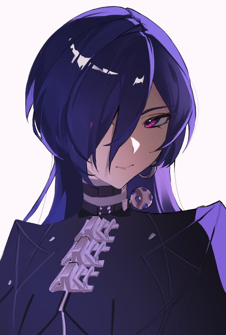 1girl, black_cloak, blue_hair, cloak, closed_mouth, commentary_request, crescent, crescent_earrings