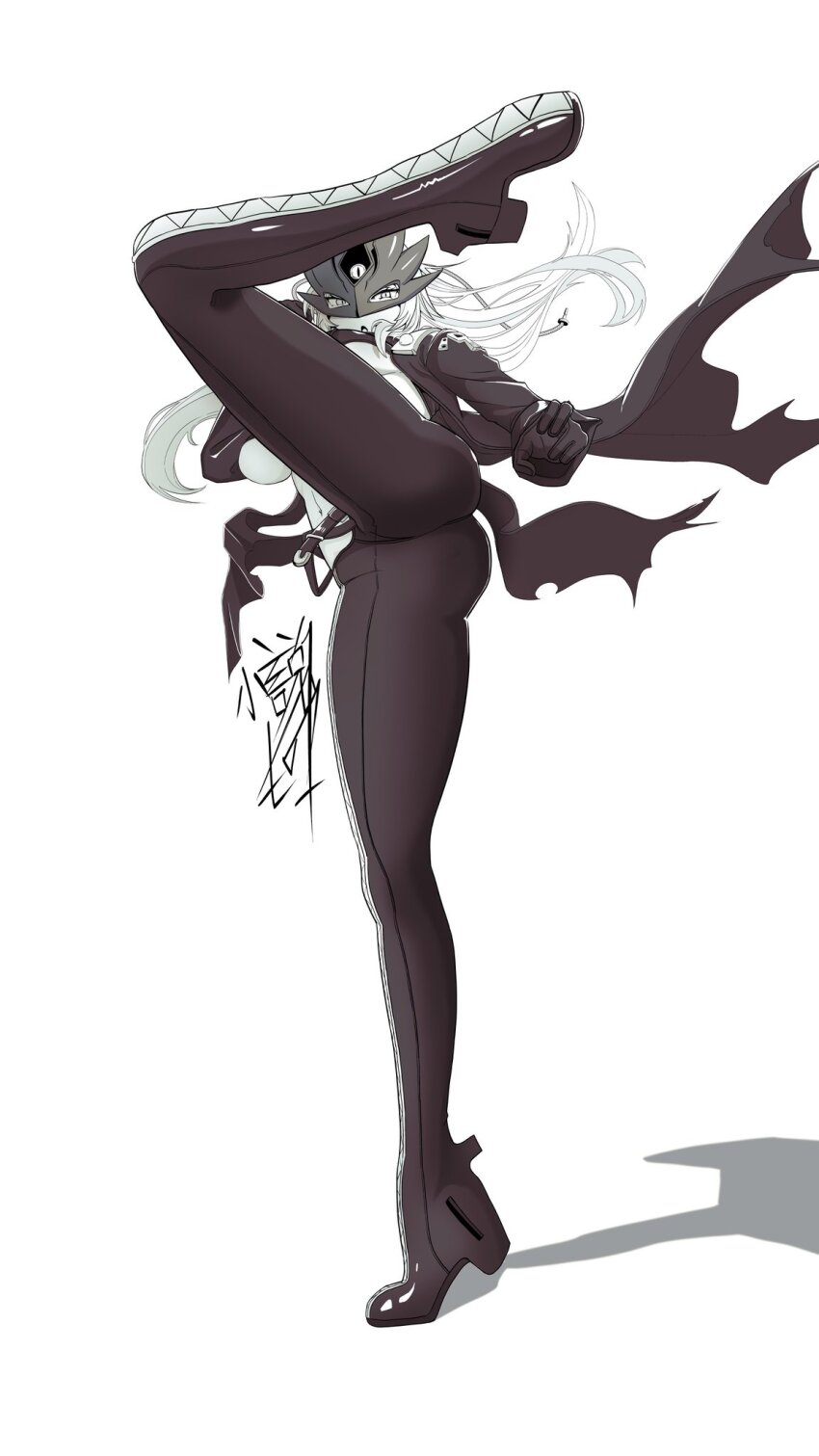 1girl, ass, beelstarmon, black_pants, black_shirt, breasts, commentary_request, digimon