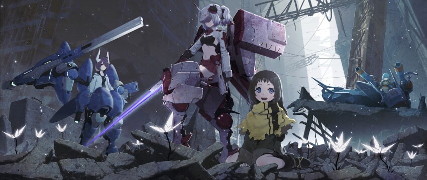 4girls, aqua_hair, blue_eyes, breasts, brown_hair, cannon, dolls_nest, elp_(dolls_nest)