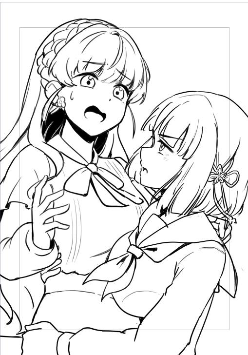 2girls, blunt_bangs, blunt_ends, bob_cut, braid, commentary, crown_braid, earrings