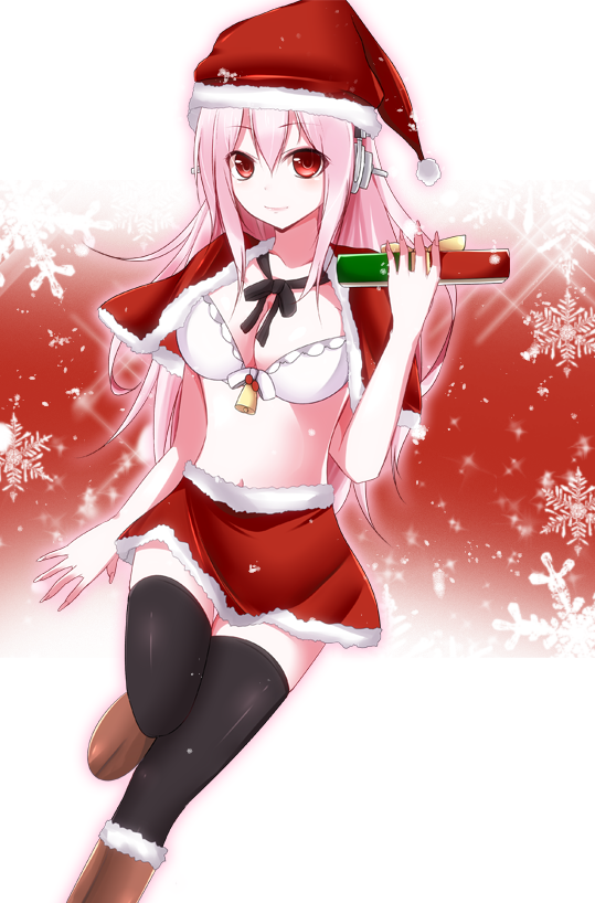 1girl, arm_up, bad_id, bad_pixiv_id, bell, black_thighhighs, boots, bra, capelet, christmas, female_focus, hat, headphones, kyowosuke, lingerie, long_hair, midriff, navel, nitroplus, pink_hair, red_eyes, santa_costume, santa_hat, sasa-megumi-nation, skirt, smile, solo, super_sonico, thighhighs, underwear, white_bra, zettai_ryouiki