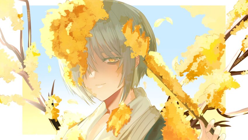 1girl, artist_name, bags_under_eyes, blue_sky, border, branch, closed_mouth, commentary