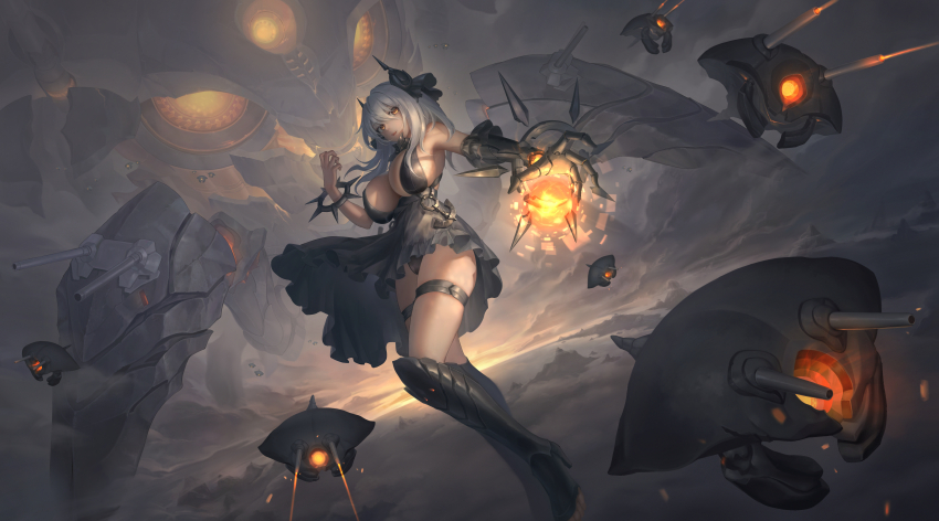 1girl, absurdres, arbiter_the_chariot_vii_(azur_lane), arm_support, armor, armored_boots, azur_lane, bare_shoulders