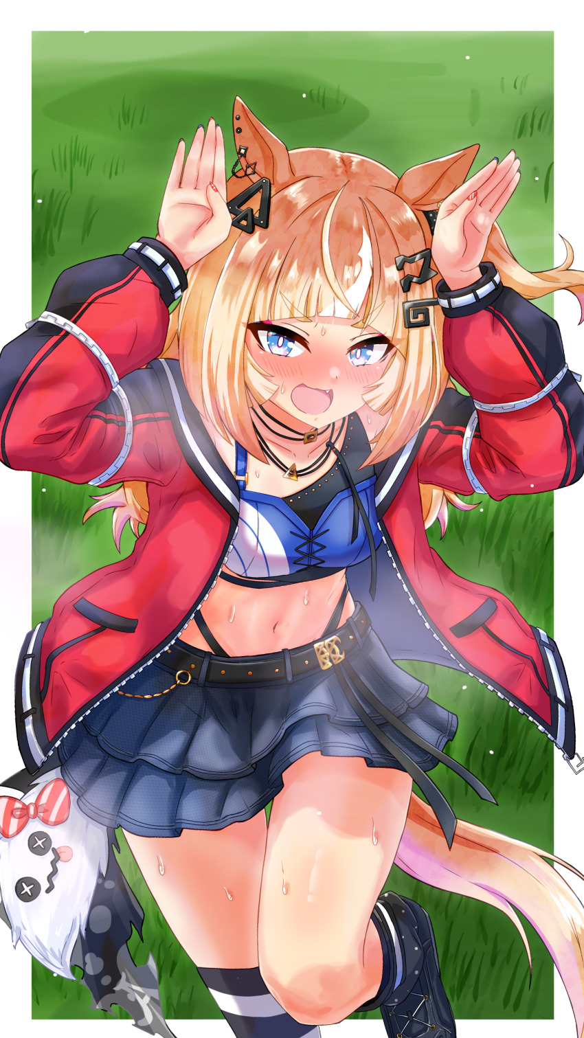 1girl, absurdres, animal_ears, asymmetrical_legwear, belt, black_belt, black_boots, black_socks, blue_eyes, blue_skirt, blue_sports_bra, blush, boots, breasts, commentary_request, cosplay, espoir_city_(red_devil_gear)_(umamusume), espoir_city_(umamusume), espoir_city_(umamusume)_(cosplay), fang, hair_ornament, hands_up, highres, horse_ears, horse_girl, horse_tail, jacket, long_hair, looking_at_viewer, midriff, multicolored_hair, navel, open_clothes, open_jacket, open_mouth, orange_hair, panty_straps, red_jacket, skirt, small_breasts, socks, solo, sports_bra, sweat, tail, umamusume, uneven_legwear, yashimo_1875