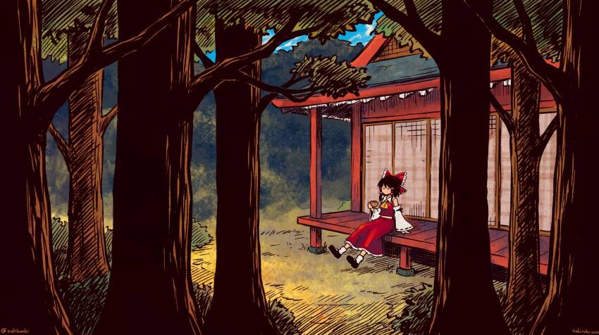 1girl, ascot, bow, brown_hair, commentary, cup, detached_sleeves, forest