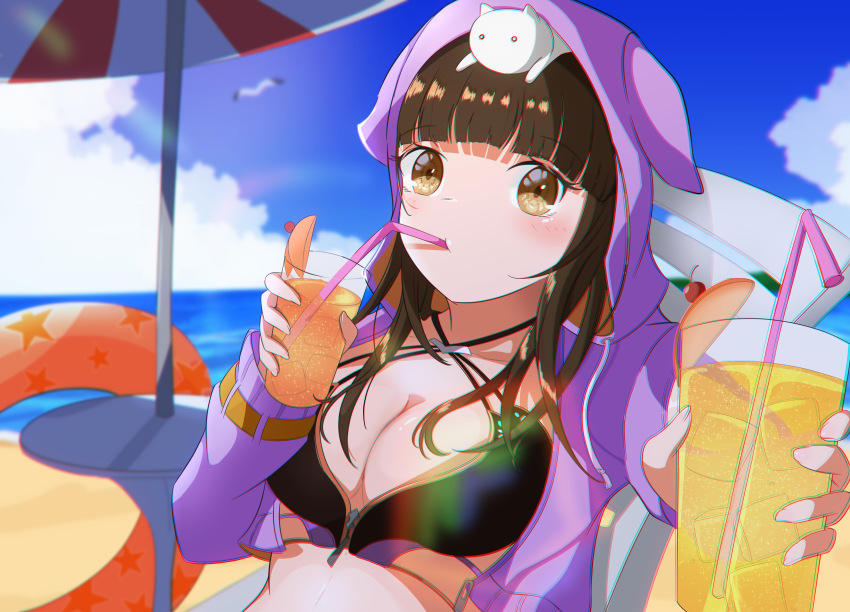 1girl, absurdres, animal, animal_ears, animal_on_head, asakura_karen_(heaven_burns_red), asakura_karen_(summertide_shark_the_ripper)_(heaven_burns_red), beach_umbrella