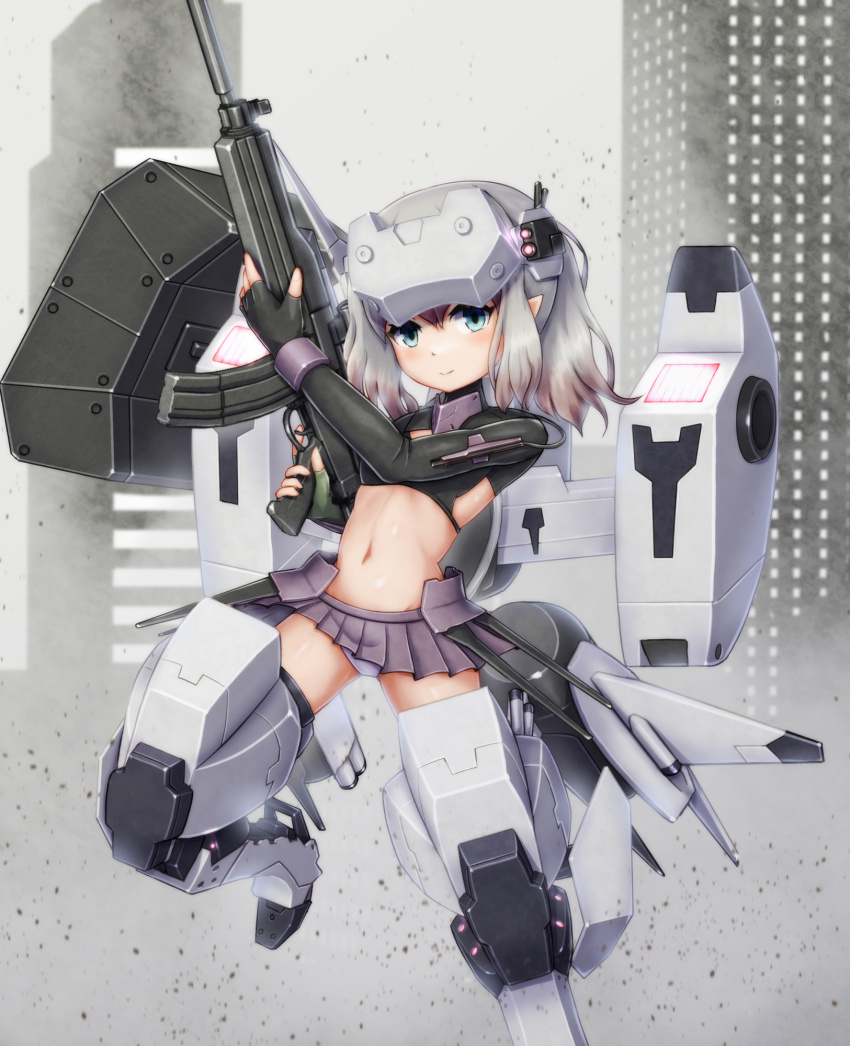 1girl, aqua_eyes, assault_rifle, blush, commentary_request, dolls_nest, finger_on_trigger, fingerless_gloves