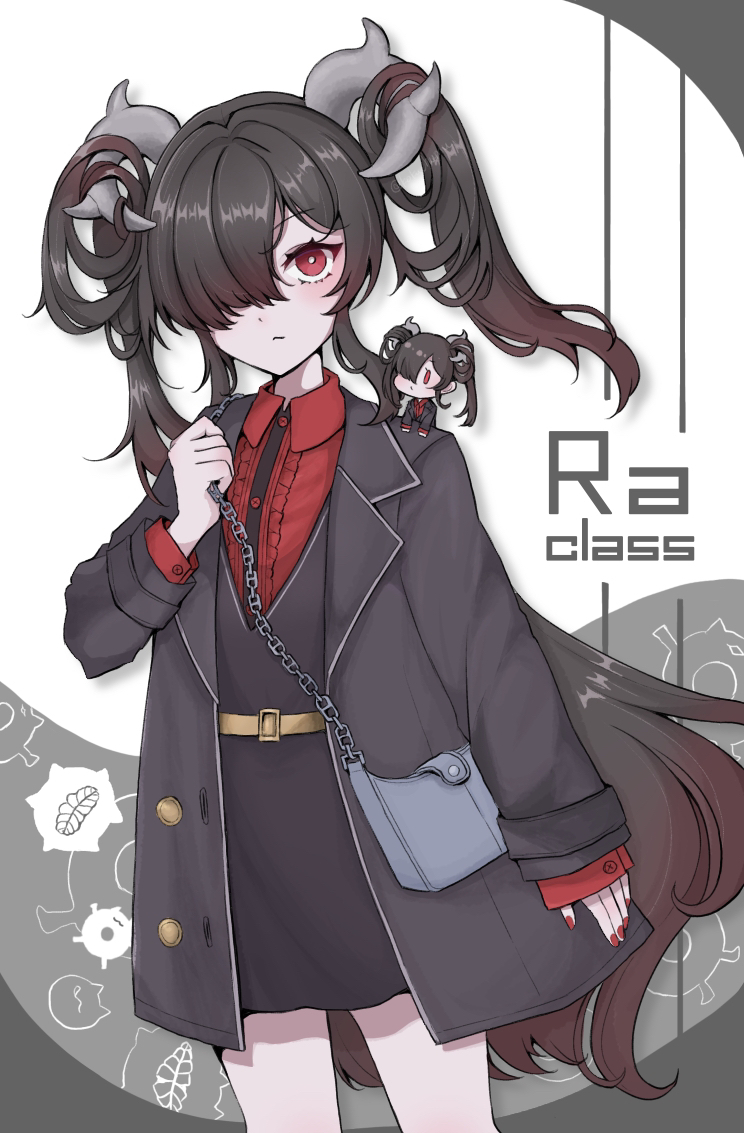 1girl, abyssal_ship, bag, belt, black_hair, blush, chain, character_name