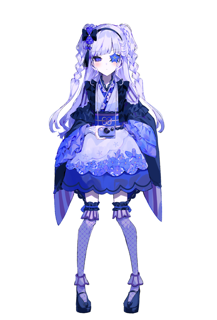 1girl, absurdres, black_bow, black_hairband, black_shoes, blue_flower, blunt_bangs, bow