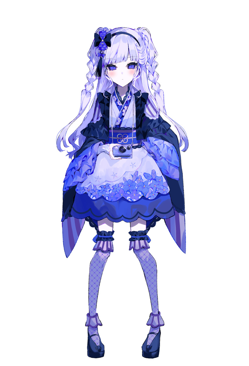 1girl, absurdres, black_bow, black_hairband, black_shoes, blunt_bangs, bow, braid, camera, closed_mouth, dress, expressionless, floral_print, full_body, hair_bow, hairband, highres, holding, holding_camera, kimono_dress, long_hair, long_sleeves, looking_at_viewer, mahou_shoujo_no_inshuu_mura, obi, official_art, purple_dress, purple_eyes, purple_hair, purple_thighhighs, sash, second-party_source, shoes, sidelocks, simple_background, solo, standing, tachi-e, tassel, thighhighs, transparent_background, twin_braids, umemaro_(siona0908), yakushidou_amane