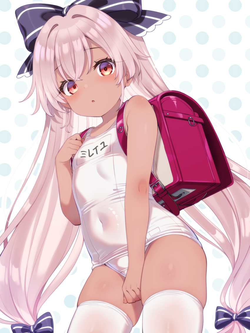 1girl, backpack, bag, bow, dark-skinned_female, dark_skin, hair_bow, highres, loli, long_hair, mireille_lerner, one-piece_swimsuit, pink_hair, randoseru, red_eyes, school_swimsuit, shironeko_project, solo, swimsuit, thighhighs, touchuu_kasou, white_one-piece_swimsuit, white_thighhighs