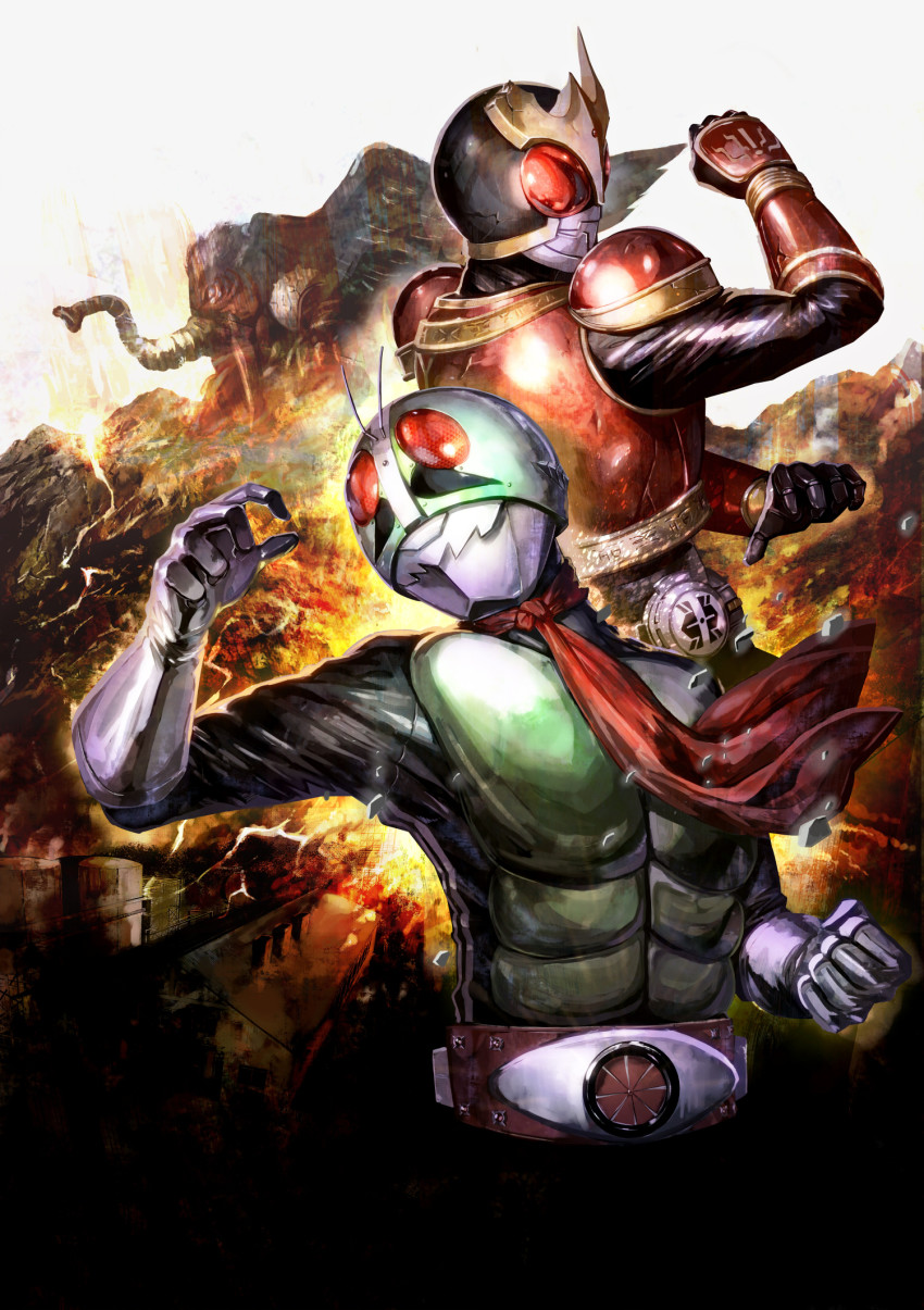 2boys, antennae, belt, damaged, gloves, highres, kamen_rider, kamen_rider_(1st_series), kamen_rider_1, kamen_rider_kuuga, kamen_rider_kuuga_(rising_mighty_form), kamen_rider_kuuga_(series), male_focus, multiple_boys, poo_(saku), scarf