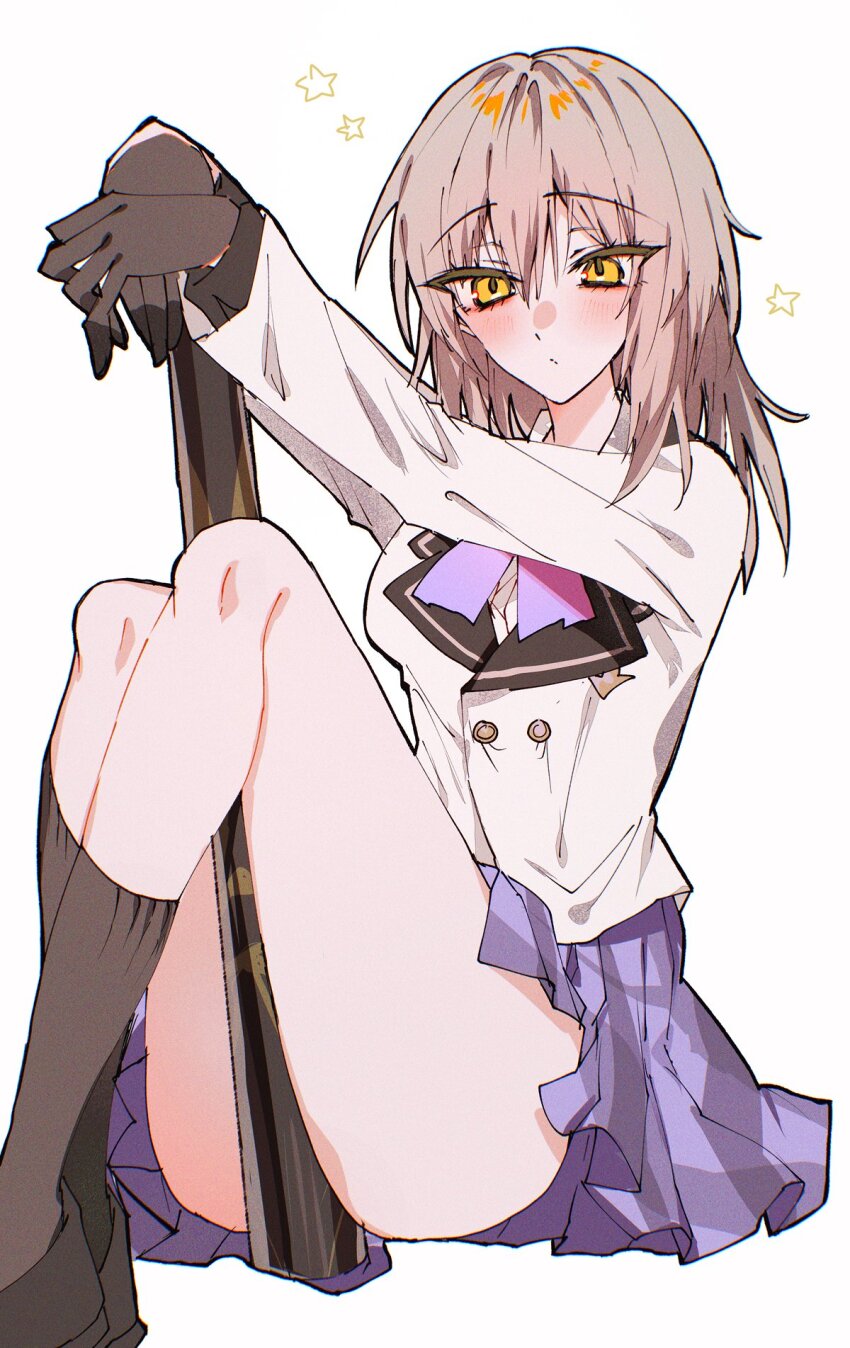 1girl, arms_up, arrow_(symbol), baseball_bat, black_gloves, black_shoes, black_socks, blush