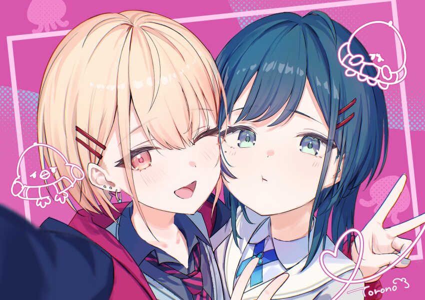 2girls, :t, absurdres, ahoge, arm_up, blonde_hair, blue_eyes, blue_jacket