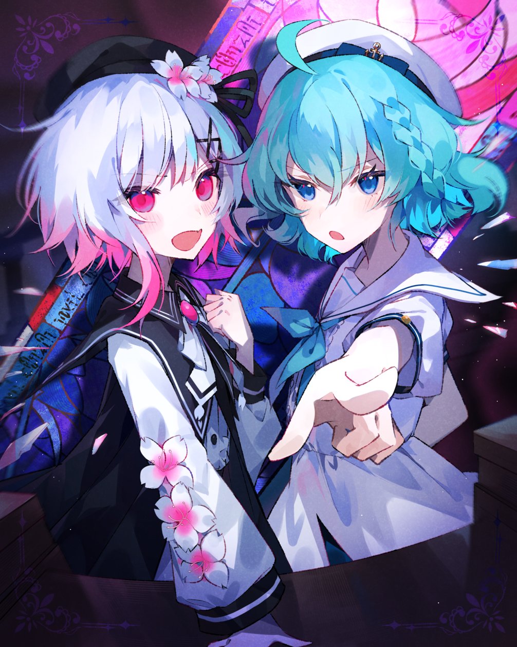 2girls, aquarium_wa_odoranai, artist_request, beret, blue_eyes, blue_hair, blush, check_artist