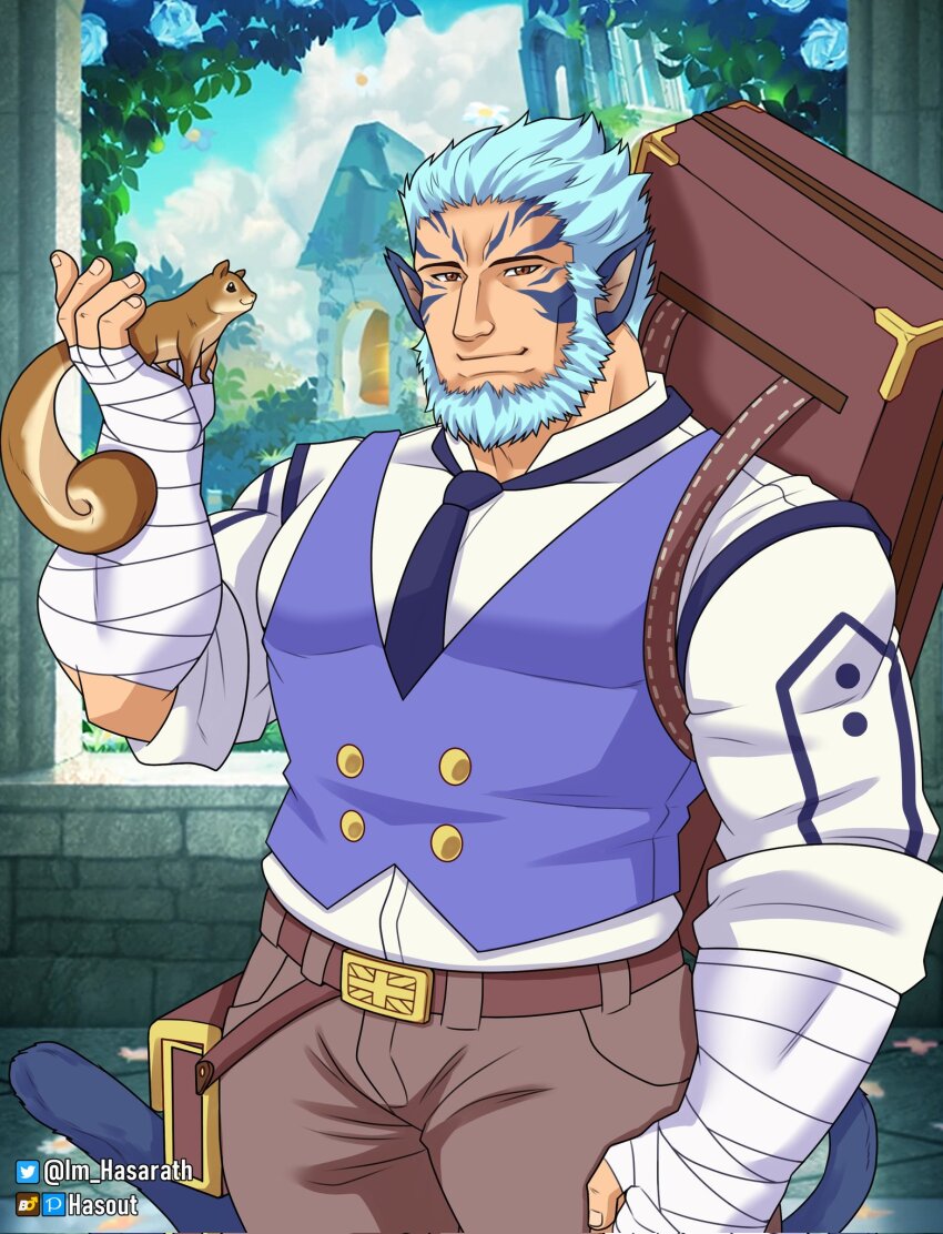 1boy, alternate_costume, animal, animal_ears, animal_on_hand, arts_of_hasarath, backpack, bag