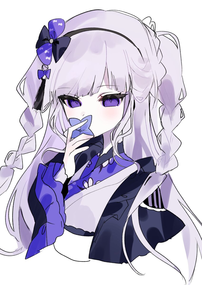 1girl, bow, bowtie, braid, commentary_request, flower, hairband, harumaking