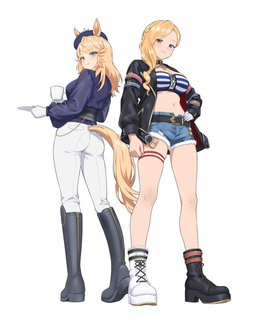 2girls, animal_ears, ankle_boots, asymmetrical_footwear, azur_lane, belt, black_belt, black_boots