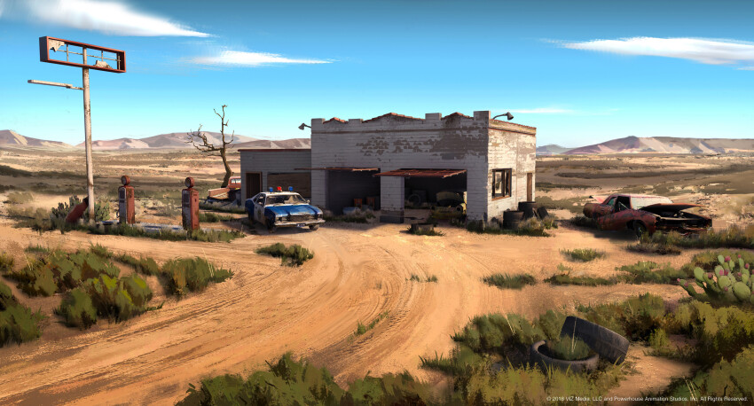 absurdres, bare_tree, blue_sky, broken_window, cactus, car, cloud, commentary