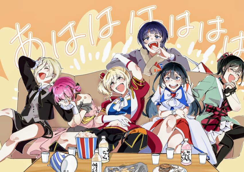 6+girls, alt_text, anegoma567, asaka_karin, bandeau, bare_shoulders, black_jacket, black_skirt