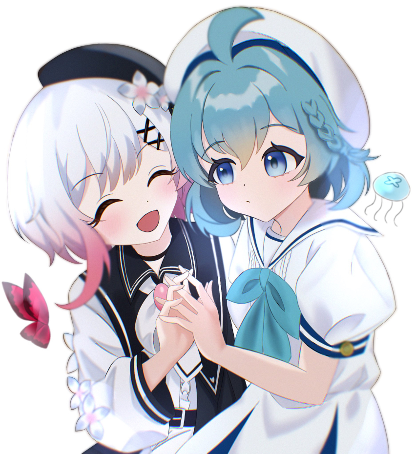 2girls, :d, ahoge, aquarium_wa_odoranai, beret, black_dress, black_hat, blue_eyes