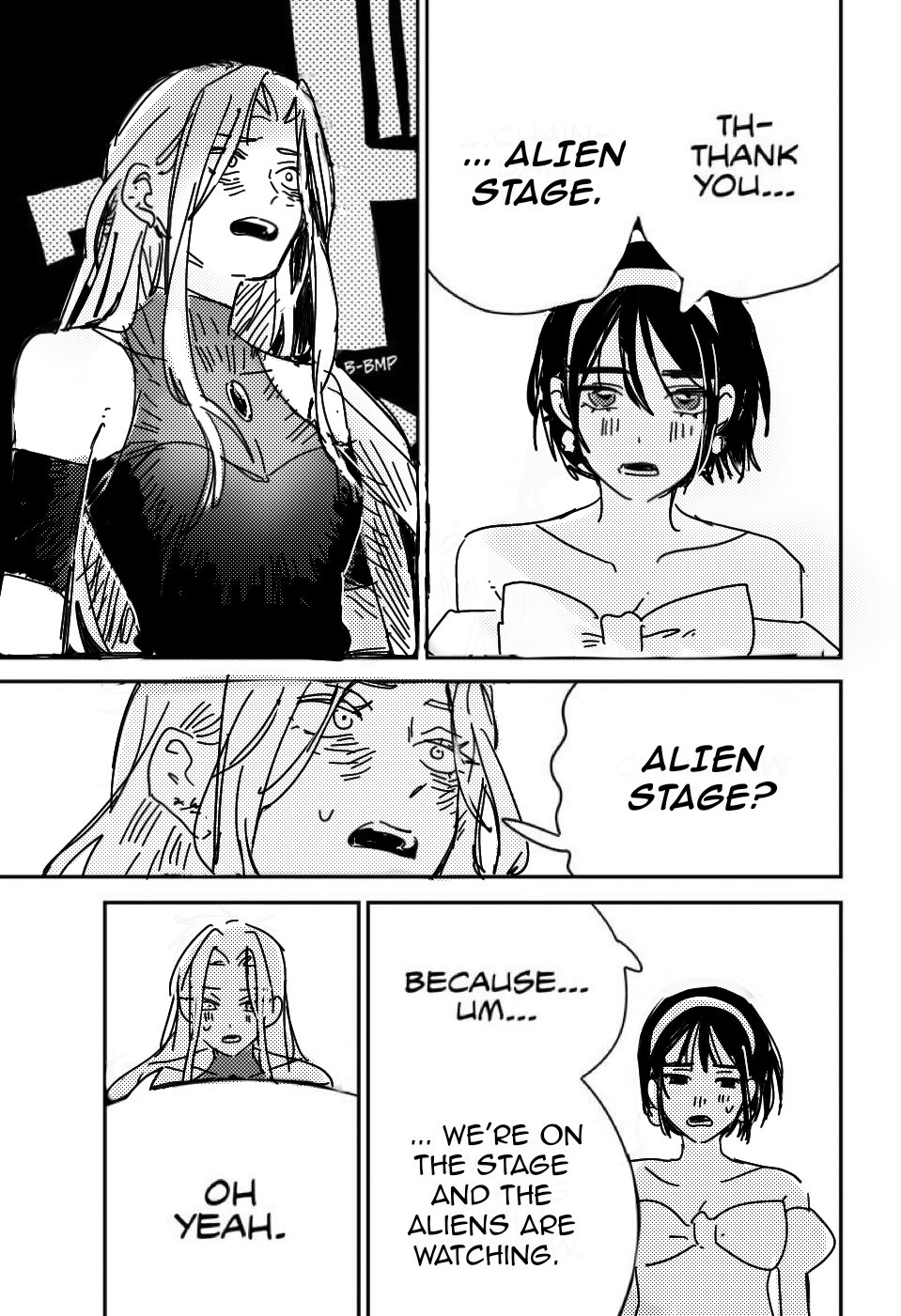 2girls, alien_stage, bare_shoulders, commentary, commentary_request, dress, earrings, english_commentary