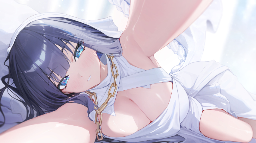 1girl, absurdres, ancient_greek_clothes, blue_eyes, blue_hair, blunt_bangs, breasts, chain, chain_necklace, commentary, dress, gold_necklace, greco-roman_clothes, highres, hololive, hololive_english, jewelry, large_breasts, long_hair, looking_at_viewer, lying, necklace, official_alternate_costume, official_alternate_hairstyle, on_bed, on_side, ouro_kronii, ouro_kronii_(goddess), reaching, reaching_towards_viewer, solo, untranslatable_commentary, veil, virtual_youtuber, white_dress, white_veil, yoellim5