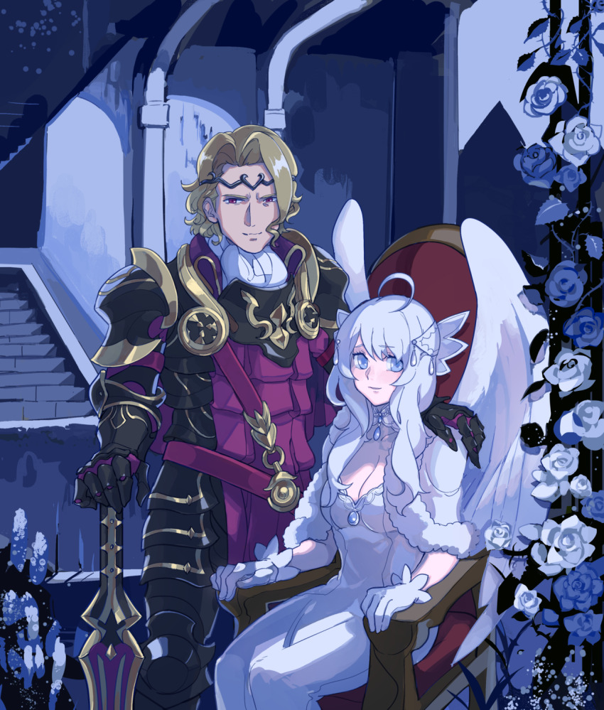 1boy, 1girl, armor, aurora_(vtuber), black_armor, blonde_hair, breasts, cleavage, commentary, commission, couple, english_commentary, fire_emblem, fire_emblem_fates, hetero, highres, kohiu, medium_breasts, night, nintendo, outdoors, siegfried_(sword), virtual_youtuber, xander_(fire_emblem)
