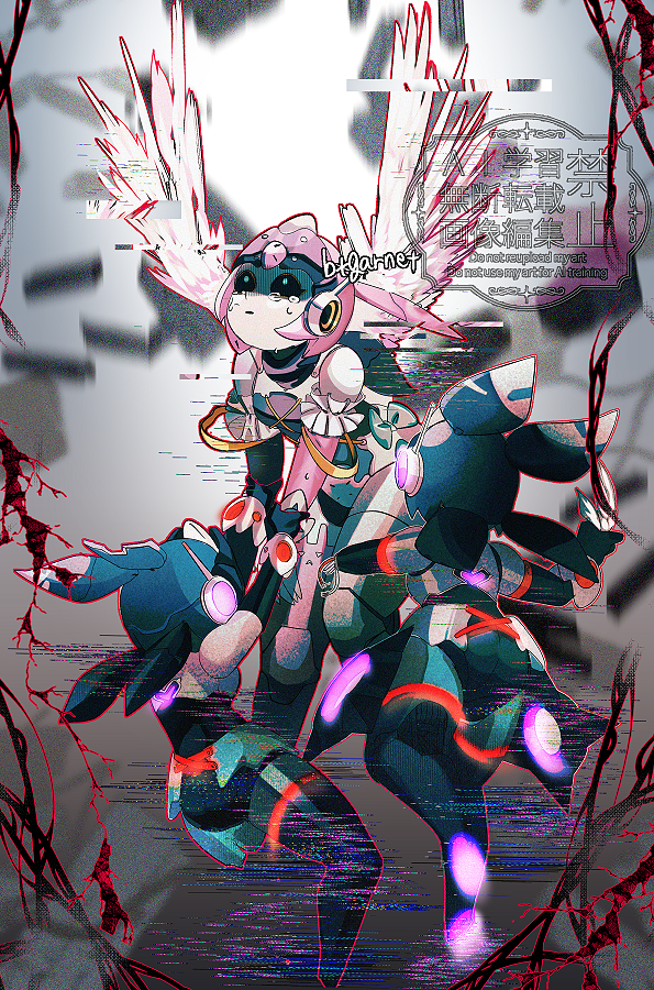 1girl, 2others, aria_(zenless_zone_zero), arm_garter, black_sclera, blurry, blurry_background, bow