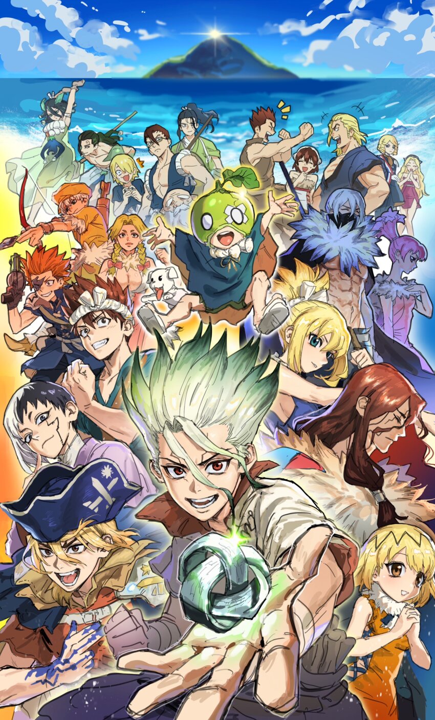 6+boys, 6+girls, absurdres, asagiri_gen, beach, black_hair, blonde_hair, blue_eyes