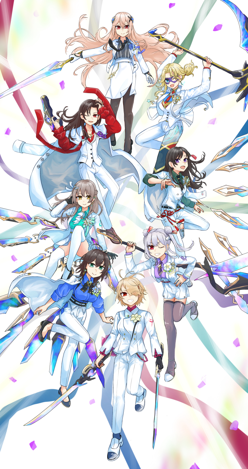 >:), 6+girls, :d, ;d, absurdres, aoi_erika, aoi_erika_(connect_legacy), aqua_eyes, black_bow, black_bowtie, black_gloves, black_necktie, black_pantyhose, black_shirt, black_shoes, black_thighhighs, blonde_hair, blue_eyes, blue_flower, blue_shirt, bow, bowtie, braid, breasts, brown_hair, brown_shoes, carole_reaper, carole_reaper_(have_no_fear!_i'm_a_hero!), chest_harness, closed_mouth, coat, coat_on_shoulders, collared_shirt, commentary_request, confetti, convenient_leg, double_bun, dress_shirt, dual_wielding, earrings, eye_mask, eyes_visible_through_hair, fighting_stance, floating_hair, flower, formal_clothes, frilled_sleeves, frills, full_body, glint, gloves, green_shirt, grin, gun, hair_bun, hair_ornament, hair_over_one_eye, hairclip, half_up_braid, hand_up, harness, heaven_burns_red, highres, holding, holding_gun, holding_scythe, holding_sword, holding_weapon, jacket, jewelry, kayamori_ruka, kayamori_ruka_(glorious_blades), large_breasts, long_hair, long_sleeves, looking_at_viewer, mask, masumidashirasu, medium_hair, multiple_girls, necktie, nikaidou_misato, nikaidou_misato_(lead_by_example), official_alternate_costume, one_eye_closed, ooshima_ichiko, ooshima_ichiko_(guiding_lucent), open_clothes, open_jacket, open_mouth, pants, pantyhose, parallel_hairclips, purple_eyes, purple_flower, red_eyes, red_necktie, scythe, shirakawa_yuina, shirakawa_yuina_(dusk_blooming_spica), shirt, shoes, short_hair, shorts, simple_background, sitting, sleeves_rolled_up, smile, standing, standing_on_one_leg, striped_clothes, striped_shirt, suit, suit_jacket, sword, tassel, tassel_hair_ornament, thighhighs, trait_connection, twintails, v-shaped_eyebrows, vertical-striped_clothes, vertical-striped_shirt, very_long_hair, weapon, white_background, white_hair, white_jacket, white_pants, white_shoes, white_shorts, white_suit, white_thighhighs, yamawaki_bon_ivar, yamawaki_bon_ivar_(blue_sky_beyond_the_clouds), yanagi_mion, yanagi_mion_(scent_of_the_night_melody_of_the_roses), yellow_eyes, zettai_ryouiki