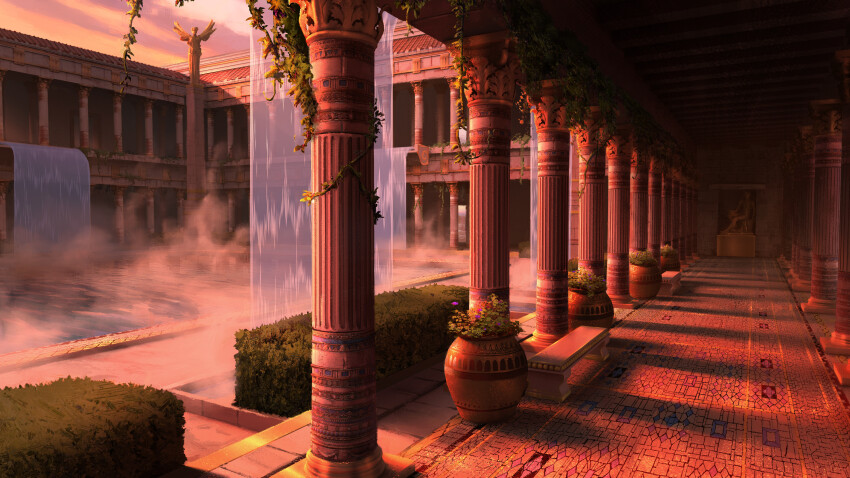 absurdres, architecture, bathhouse, bush, commentary, crimsonsword03, english_commentary, flower