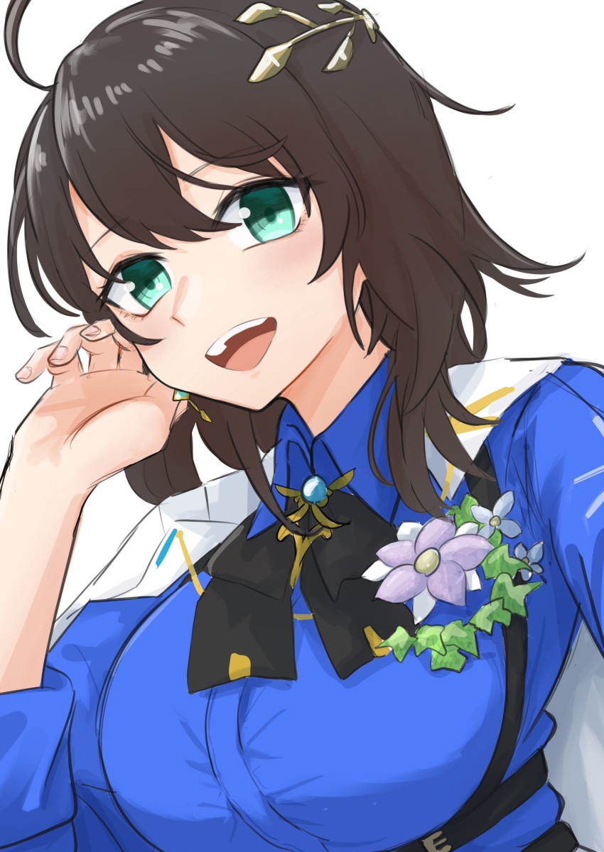 1girl, :d, ahoge, aoi_erika, aoi_erika_(connect_legacy), aqua_eyes, black_bow, black_bowtie