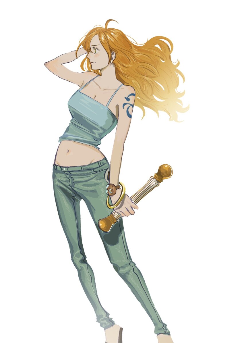 1girl, bangle, bare_shoulders, blue_camisole, blue_pants, bracelet, breasts, camisole