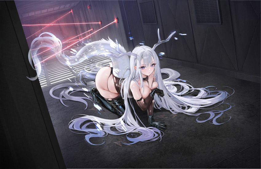 1girl, all_fours, artist_request, ass, azur_lane, bare_shoulders, black_boots, black_gloves