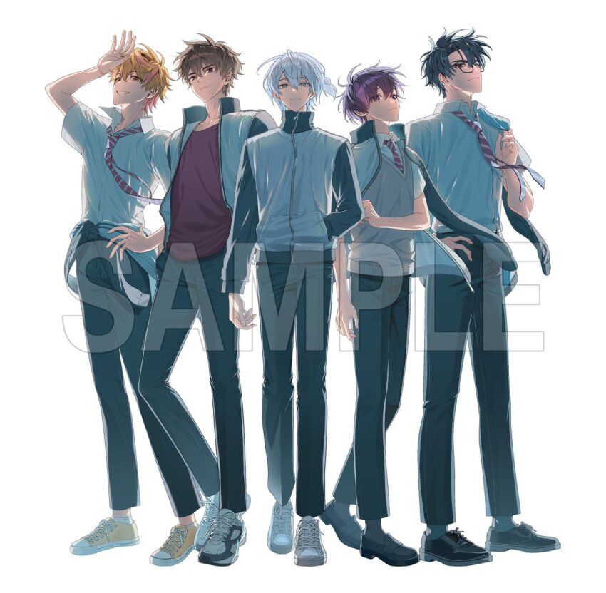 5boys, arm_up, black_hair, black_pants, blonde_hair, blue_eyes, blue_jacket, brown_eyes