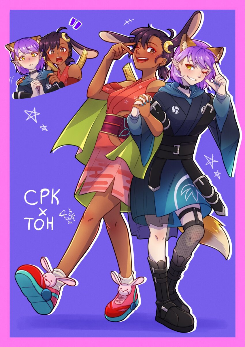 +++, 2girls, ahoge, amity_blight, animal_ears, black_boots, black_hair, blue_nails