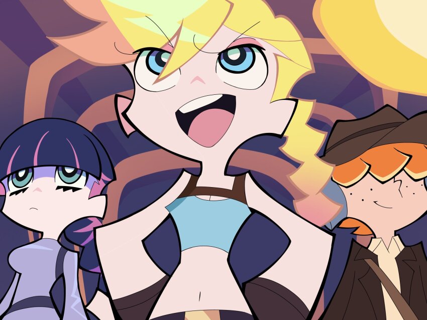 1boy, 2girls, blonde_hair, blue_eyes, blue_tank_top, breasts, brief_(psg), brown_hat