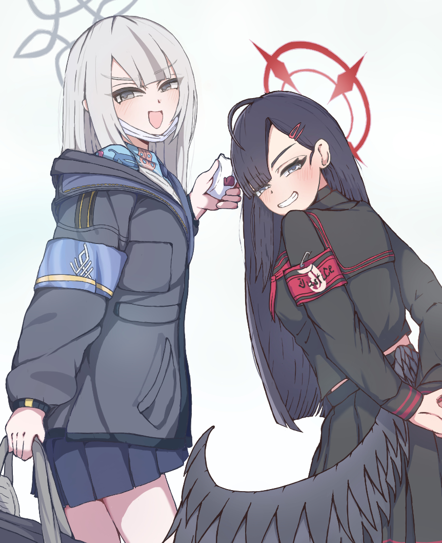 2girls, black_hair, blue_archive, commentary_request, feathered_wings, grey_eyes, grey_halo, halo