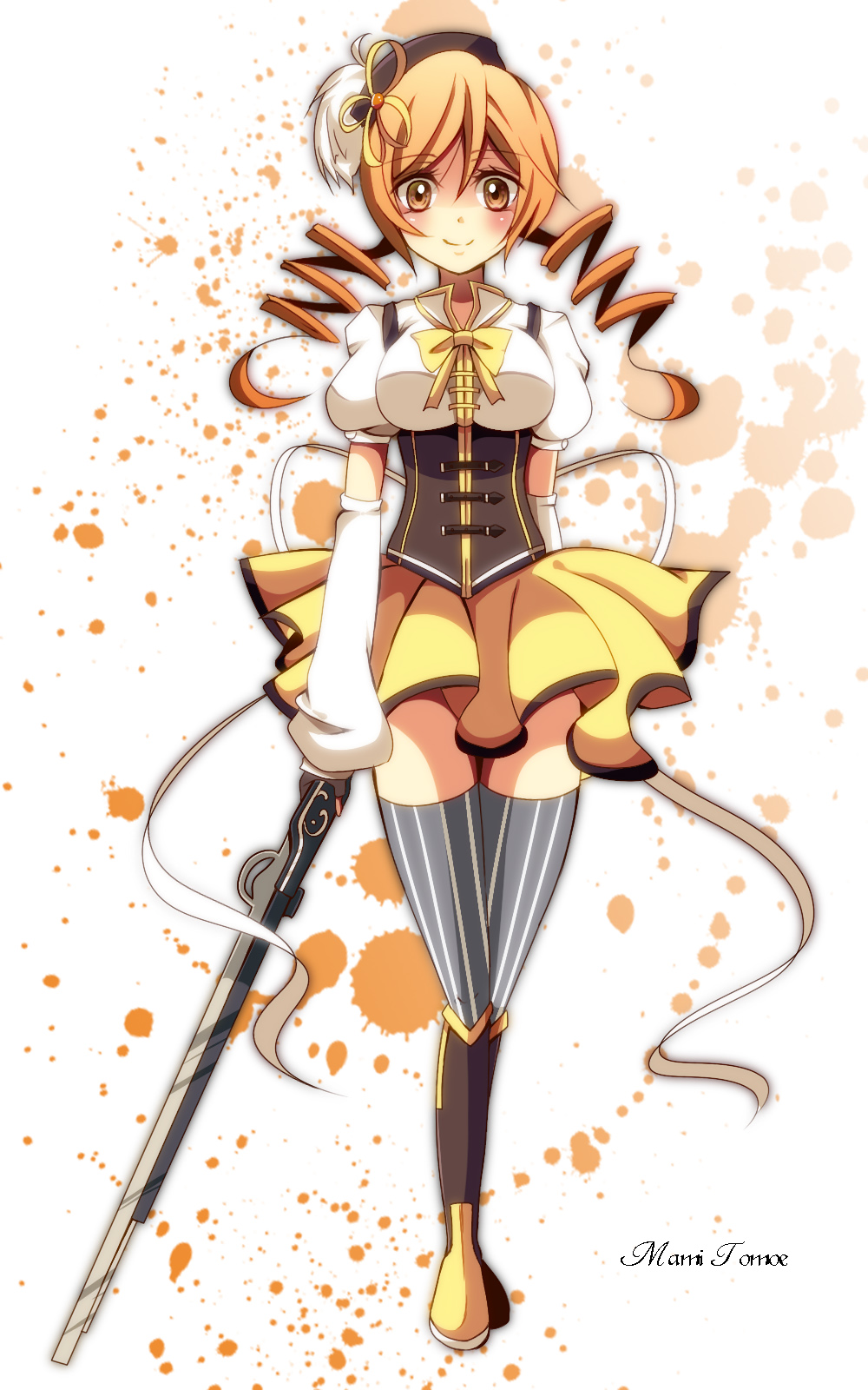 10s, 1girl, aru16, beret, blonde_hair, blush, breasts, drill_hair, female_focus, fingerless_gloves, gloves, grey_thighhighs, gun, hair_ornament, hat, highres, long_hair, magical_girl, magical_musket_(madoka_magica), mahou_shoujo_madoka_magica, mahou_shoujo_madoka_magica_(anime), ribbon, skirt, smile, solo, striped_clothes, striped_thighhighs, thighhighs, tomoe_mami, tomoe_mami_(magical_girl), twin_drills, twintails, vertical-striped_clothes, vertical-striped_thighhighs, weapon, yellow_eyes, zettai_ryouiki