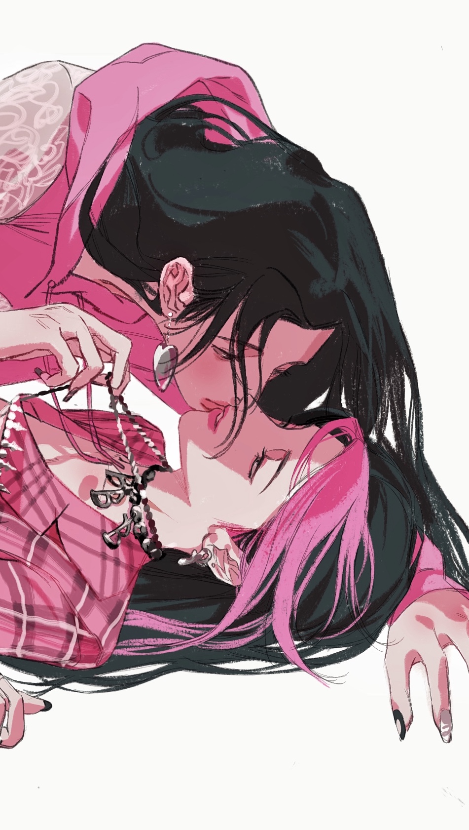 2girls, arm_support, black_eyes, black_hair, black_nails, closed_mouth, collarbone, curtained_hair