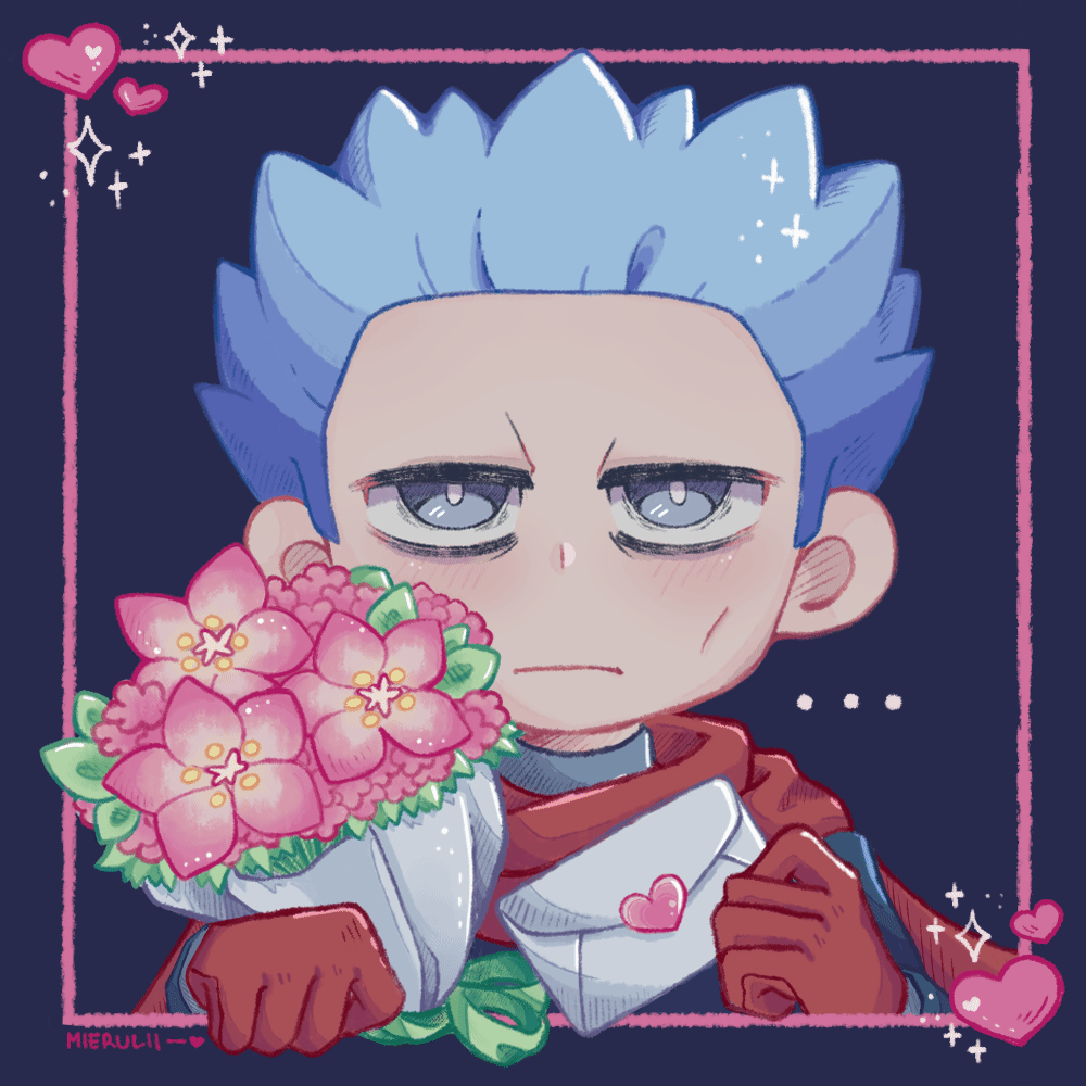 1boy, animated, animated_gif, blue_hair, bouquet, cyrus_(pokemon), cyrus_(sygna_suit)_(pokemon), flower, gloves, grey_eyes, heart, holding, holding_letter, letter, looking_at_viewer, male_focus, mierulii, nintendo, official_alternate_costume, pokemon, pokemon_masters_ex, purple_background, red_gloves, signature, solo, spiked_hair, upper_body