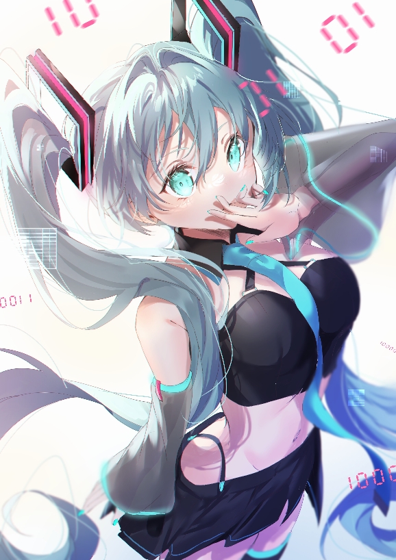 1girl, aqua_eyes, aqua_trim, binary, black_shirt, black_skirt, black_thighhighs, blue_hair