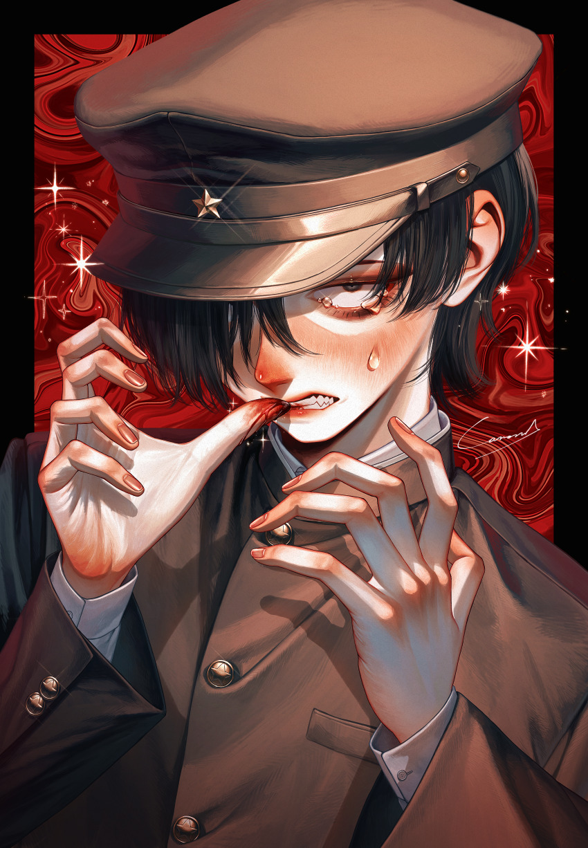 1boy, absurdres, arms_up, biting_own_finger, black_border, black_hair, black_hat, black_jacket