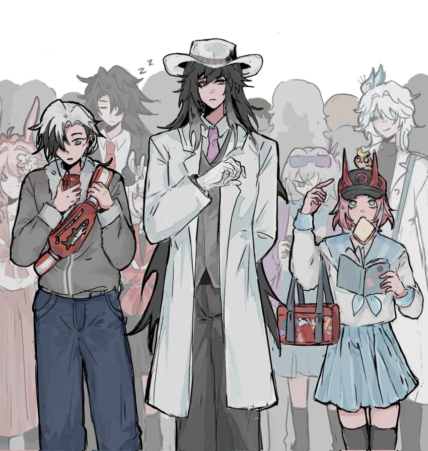 alternate_costume, animal_ears, ashveil_(honkai:_star_rail), bag, black_hair, blade_(honkai:_star_rail), book, boothill_(honkai:_star_rail), coat, collared_shirt, commentary, evanescia_(honkai:_star_rail), fake_horns, flower, gloves, gradient_hair, green_eyes, grey_eyes, grey_hair, hair_between_eyes, hair_ornament, hair_over_one_eye, hat, highres, honkai:_star_rail, honkai_(series), horns, liyiranl, long_hair, multicolored_hair, multiple_boys, multiple_girls, necktie, pants, phone, pink_hair, rappa_(honkai:_star_rail), school_uniform, serafuku, shirt, silver_wolf_(honkai:_star_rail), skirt, sparkle_(honkai:_star_rail), sparxie_(honkai:_star_rail), streaked_hair, thighhighs, untranslatable_commentary, very_long_hair, yao_guang_(honkai:_star_rail)