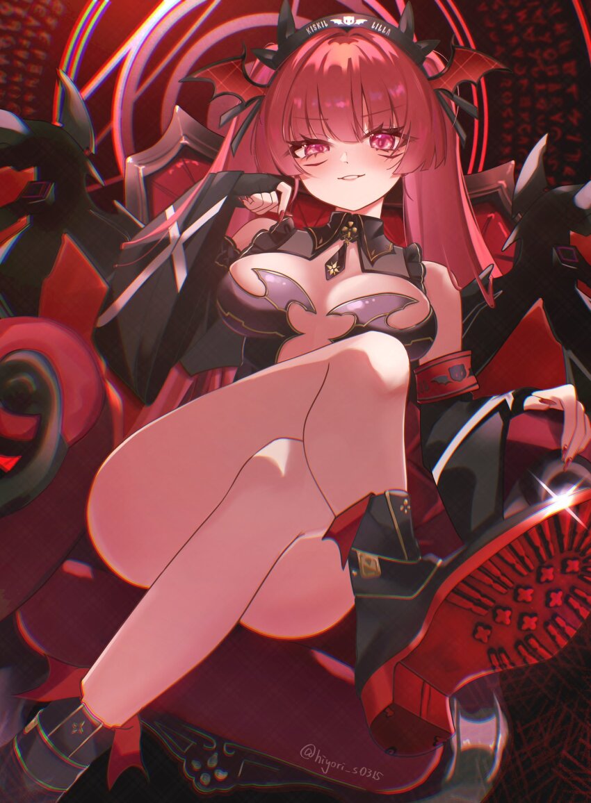 1girl, bare_shoulders, bemani, breasts, character_request, cleavage, commentary_request, copyright_request, crossed_legs, highres, hiyori_s0315, konoha_(sound_voltex), long_hair, looking_at_viewer, medium_breasts, parted_lips, pink_eyes, red_hair, sitting, smile, solo, sound_voltex, twintails