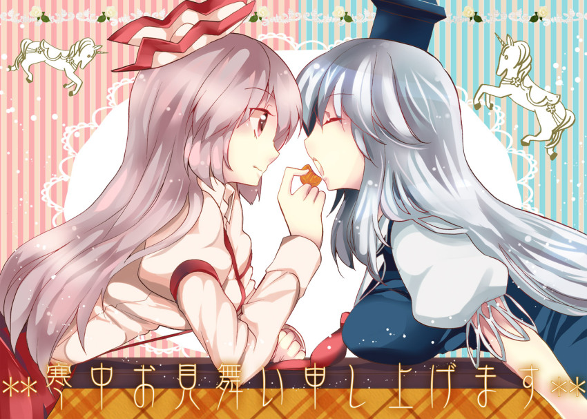 2girls, blue_hair, blush, bow, breasts, closed_eyes, dress, feeding