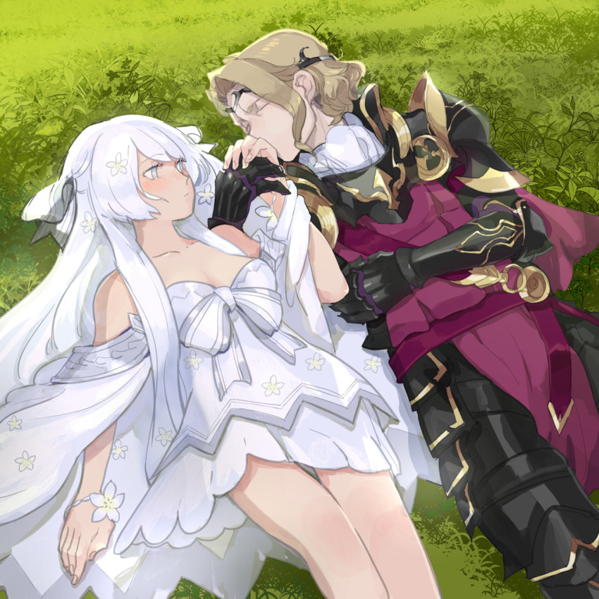 1boy, 1girl, aurora_(vtuber), bare_shoulders, blonde_hair, breasts, closed_eyes, collarbone